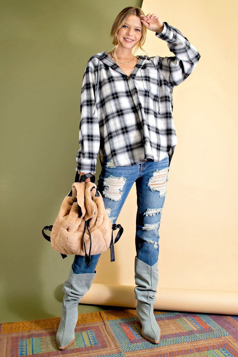 Plaid Button-down hoodie with rounded bottom hem Ivy and Pearl Boutique