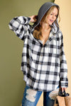 Plaid Button-down hoodie with rounded bottom hem  Ivy and Pearl Boutique Coffee S