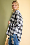 Plaid Button-down hoodie with rounded bottom hem  Ivy and Pearl Boutique