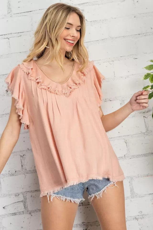 Ruffle sleeve linen woven top  Ivy and Pearl Boutique