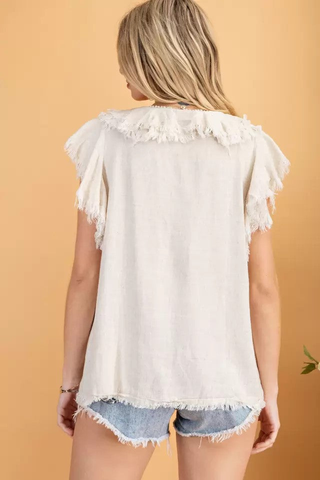 Ruffle sleeve linen woven top  Ivy and Pearl Boutique