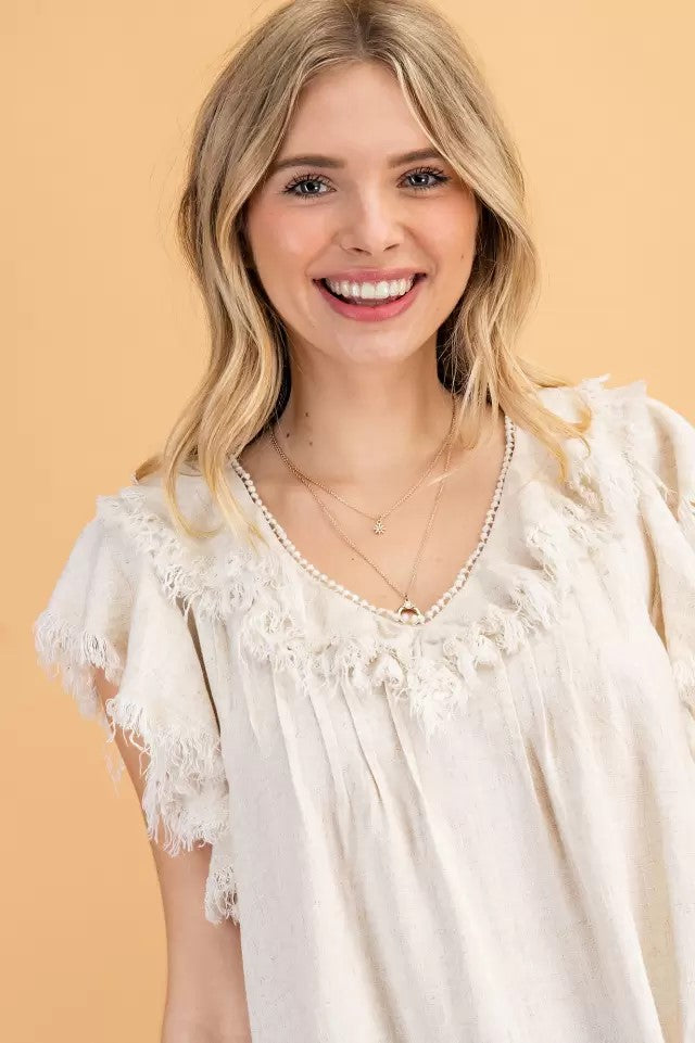 Ruffle sleeve linen woven top  Ivy and Pearl Boutique