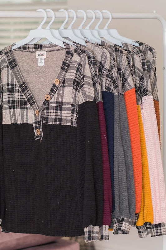 Popcorn Waffle V-Neck Top with Plaid Yoke  Ivy and Pearl Boutique