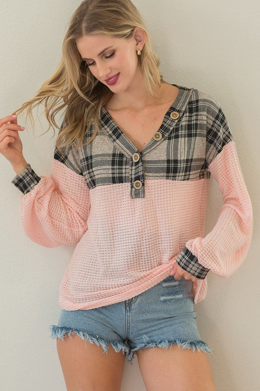Popcorn Waffle V-Neck Top with Plaid Yoke  Ivy and Pearl Boutique