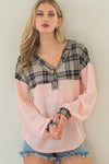 Popcorn Waffle V-Neck Top with Plaid Yoke  Ivy and Pearl Boutique