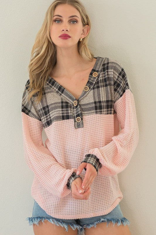 Popcorn Waffle V-Neck Top with Plaid Yoke  Ivy and Pearl Boutique