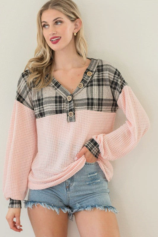 Popcorn Waffle V-Neck Top with Plaid Yoke  Ivy and Pearl Boutique Black S