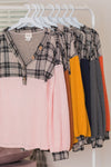 Popcorn Waffle V-Neck Top with Plaid Yoke  Ivy and Pearl Boutique