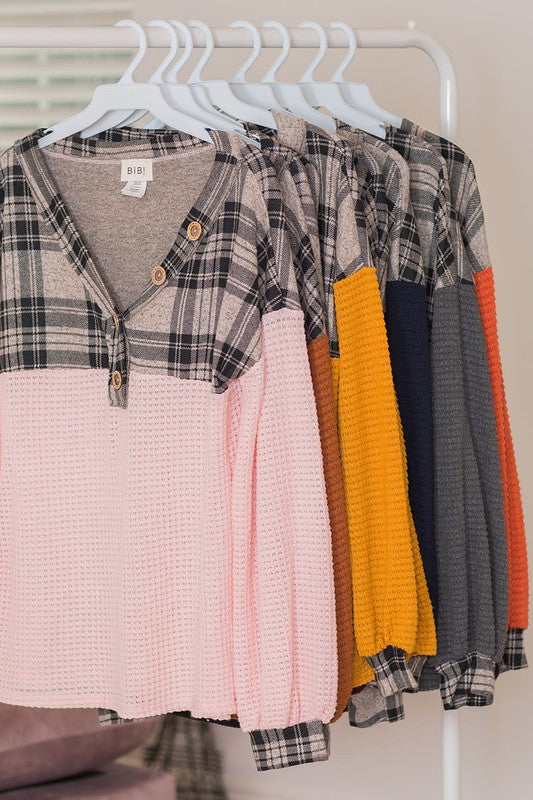 Popcorn Waffle V-Neck Top with Plaid Yoke  Ivy and Pearl Boutique
