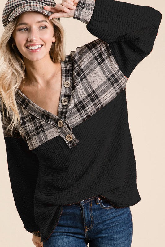 Popcorn Waffle V-Neck Top with Plaid Yoke  Ivy and Pearl Boutique