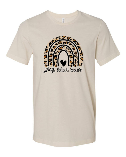 Pray Believe Receive Leopard Rainbow Crew Neck Softstyle Tee  Ivy and Pearl Boutique Cream S