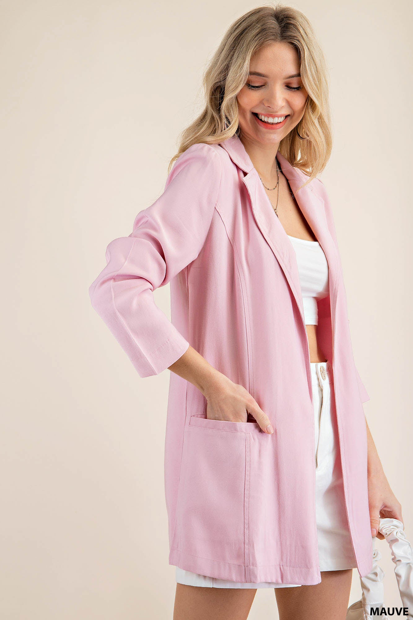 Princess lines buttonless long blazer jacket Ivy and Pearl Boutique