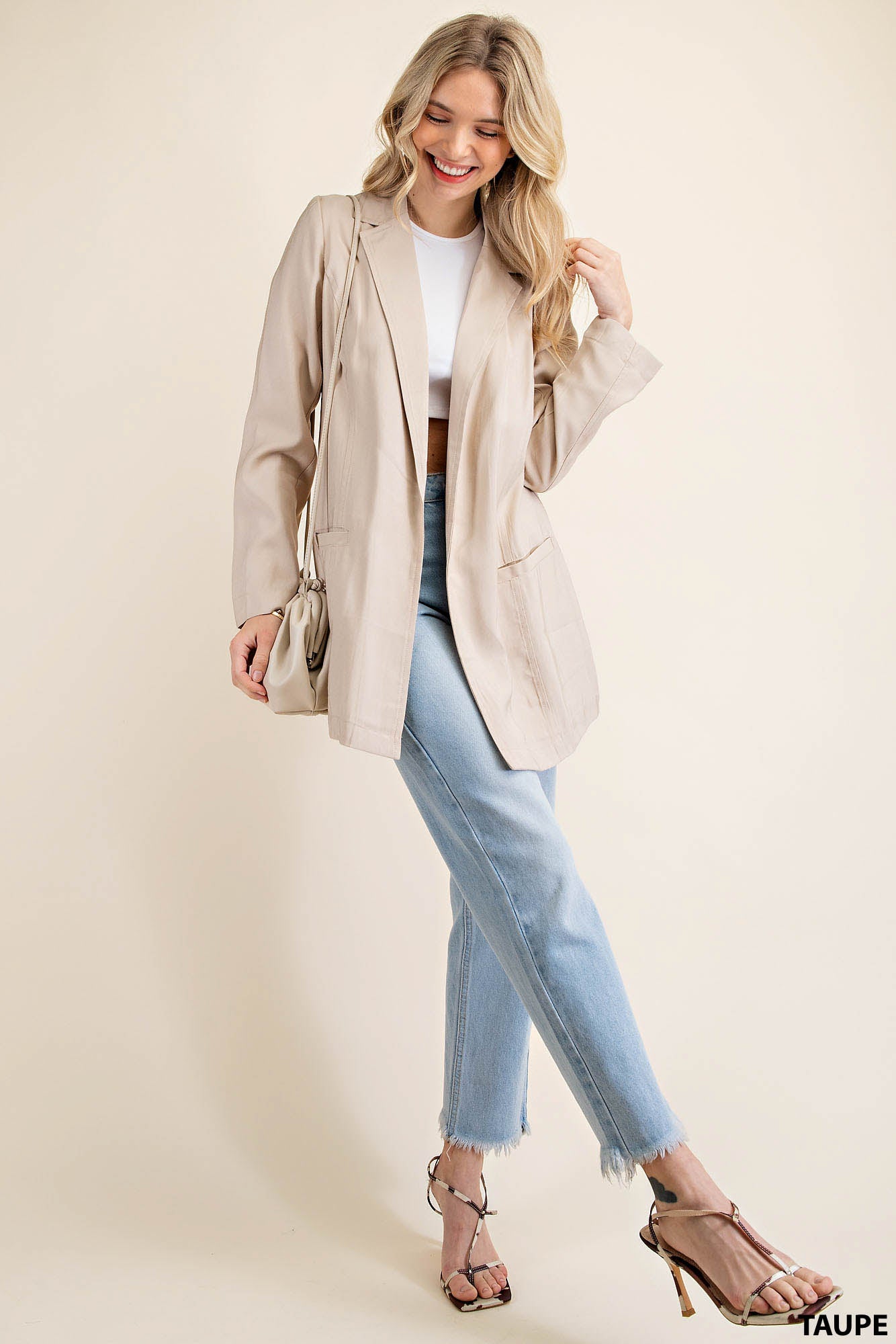 Princess lines buttonless long blazer jacket Ivy and Pearl Boutique