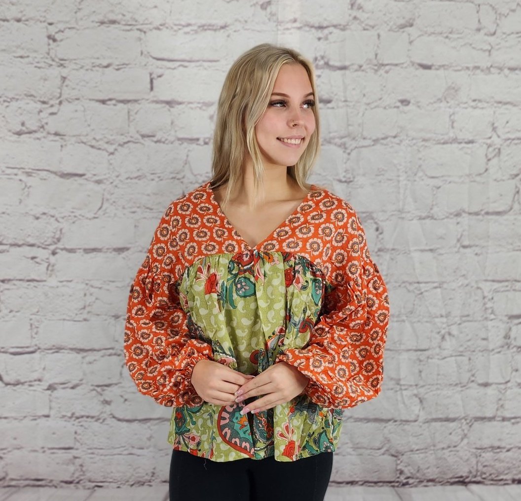 Printed floral and paisley pattern V-Neck top Ivy and Pearl Boutique Sage S