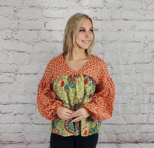 Printed floral and paisley pattern V-Neck top  Ivy and Pearl Boutique Sage S