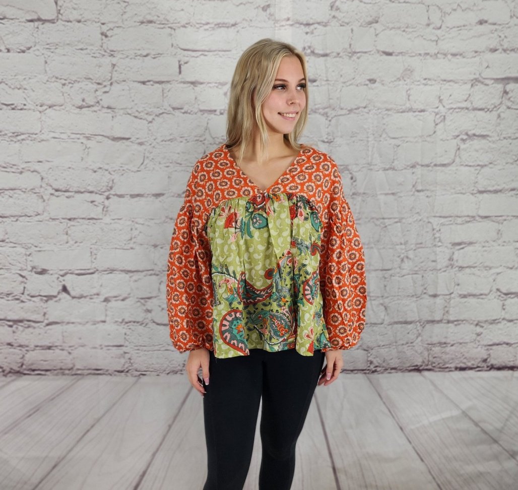 Printed floral and paisley pattern V-Neck top Ivy and Pearl Boutique