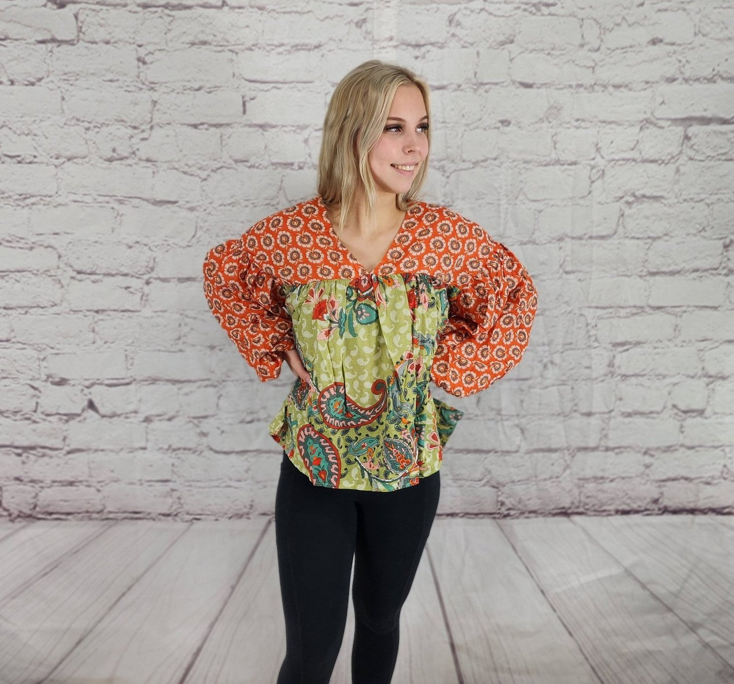 Printed floral and paisley pattern V-Neck top Ivy and Pearl Boutique