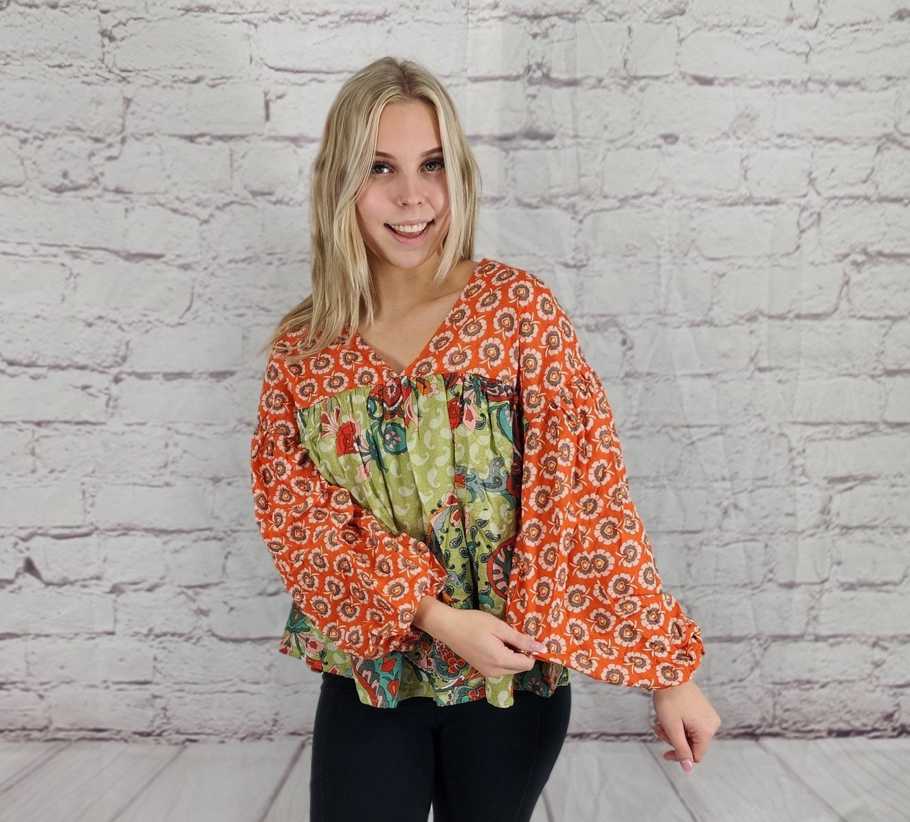 Printed floral and paisley pattern V-Neck top Ivy and Pearl Boutique