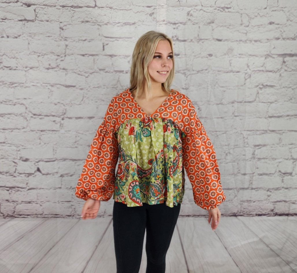 Printed floral and paisley pattern V-Neck top Ivy and Pearl Boutique