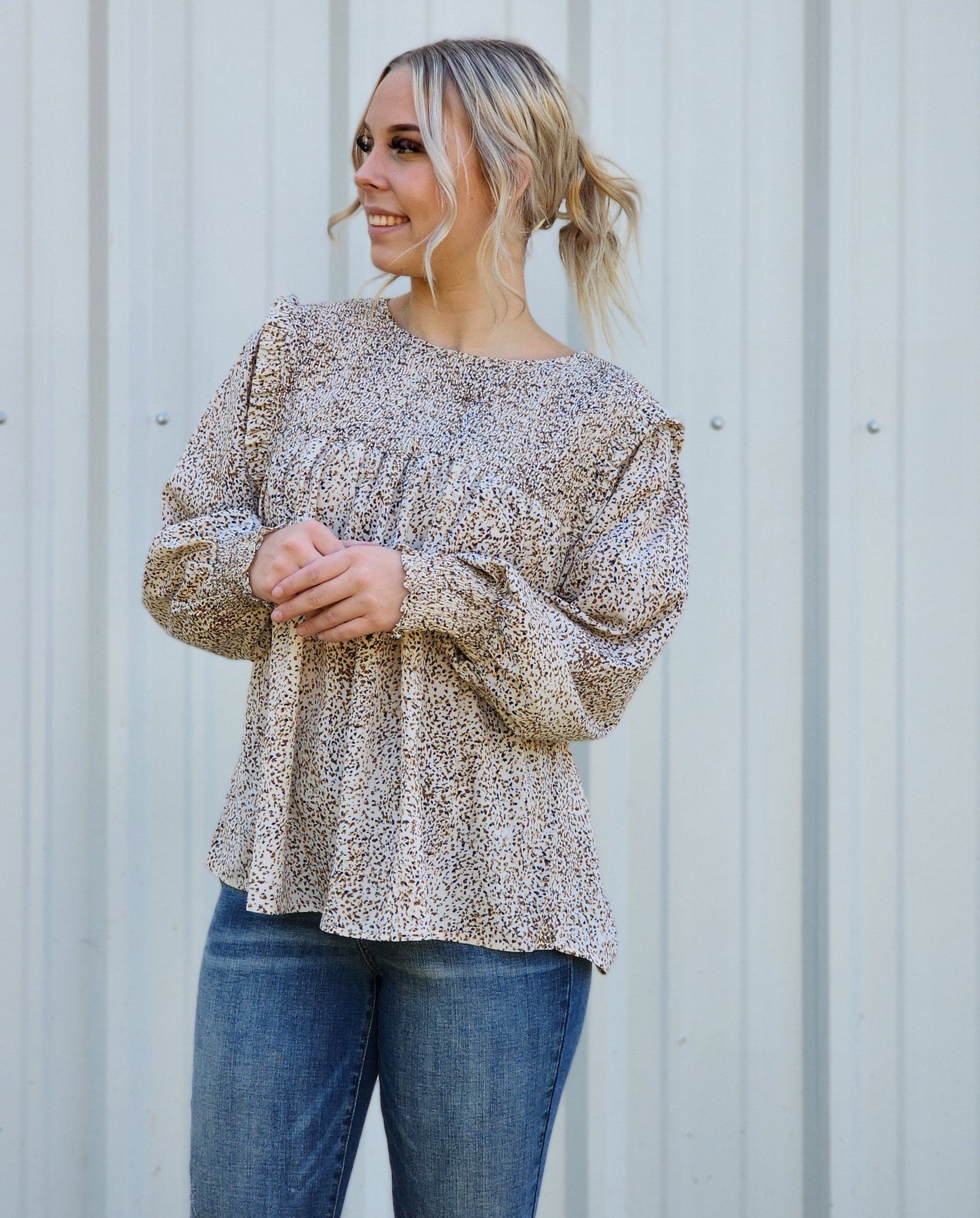 Printed fabric smocked yoke front, back sleeves band shoulder ruffle Ivy and Pearl Boutique Taupe L