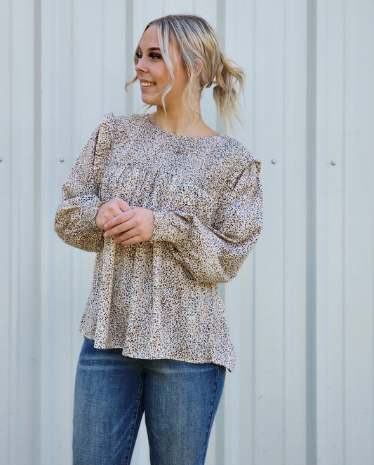 Printed fabric smocked yoke front, back sleeves band shoulder ruffle  Ivy and Pearl Boutique Taupe L