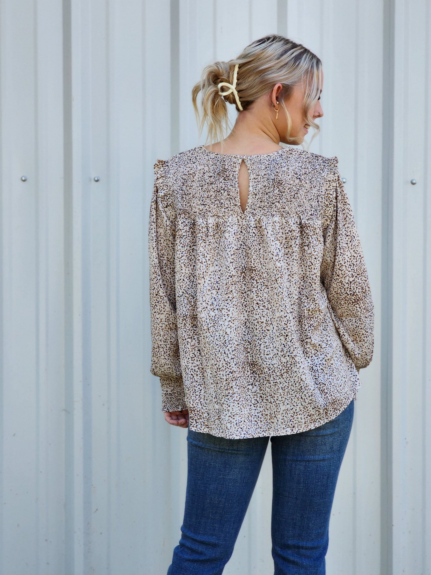 Printed fabric smocked yoke front, back sleeves band shoulder ruffle Ivy and Pearl Boutique