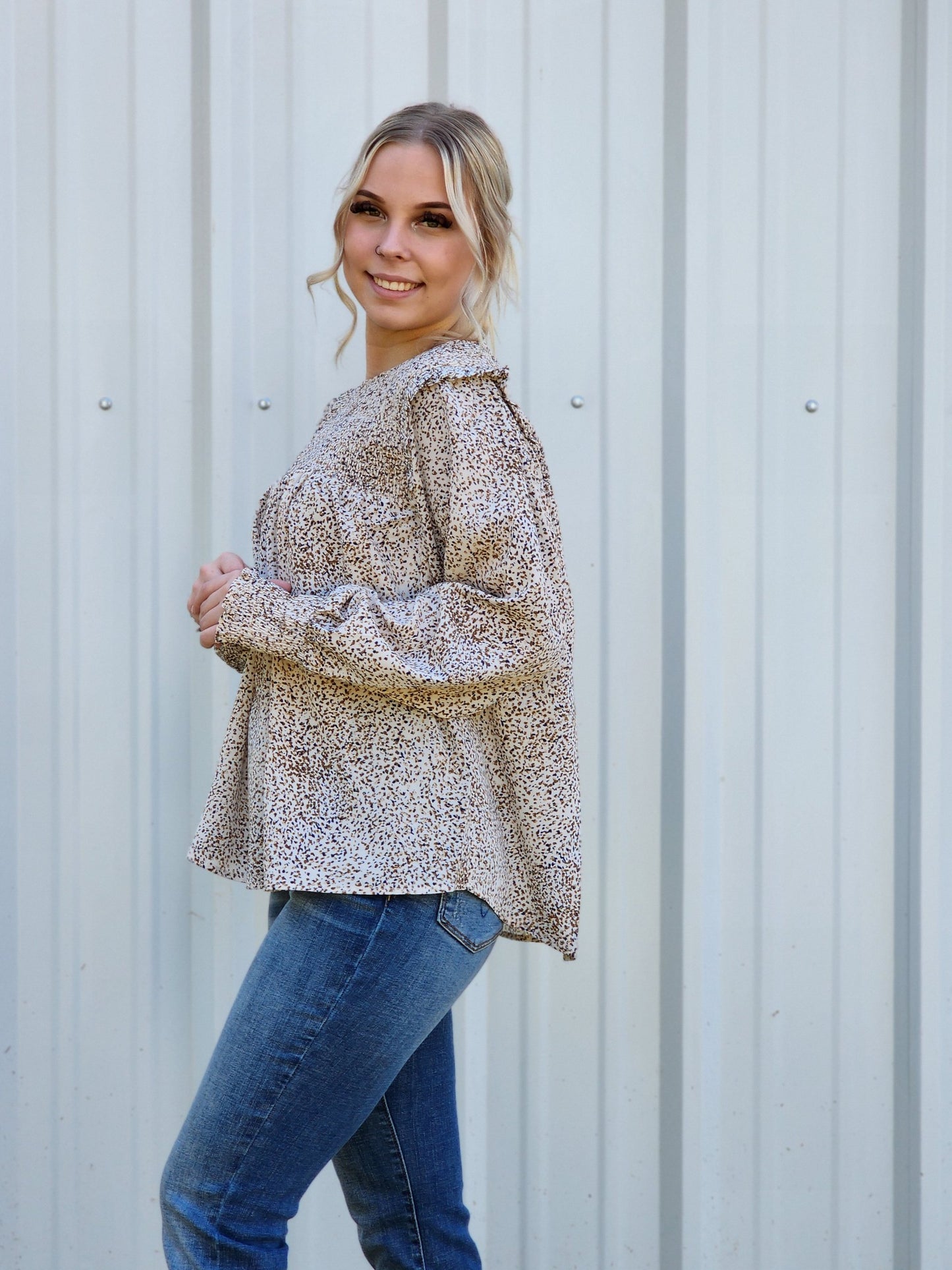 Printed fabric smocked yoke front, back sleeves band shoulder ruffle Ivy and Pearl Boutique