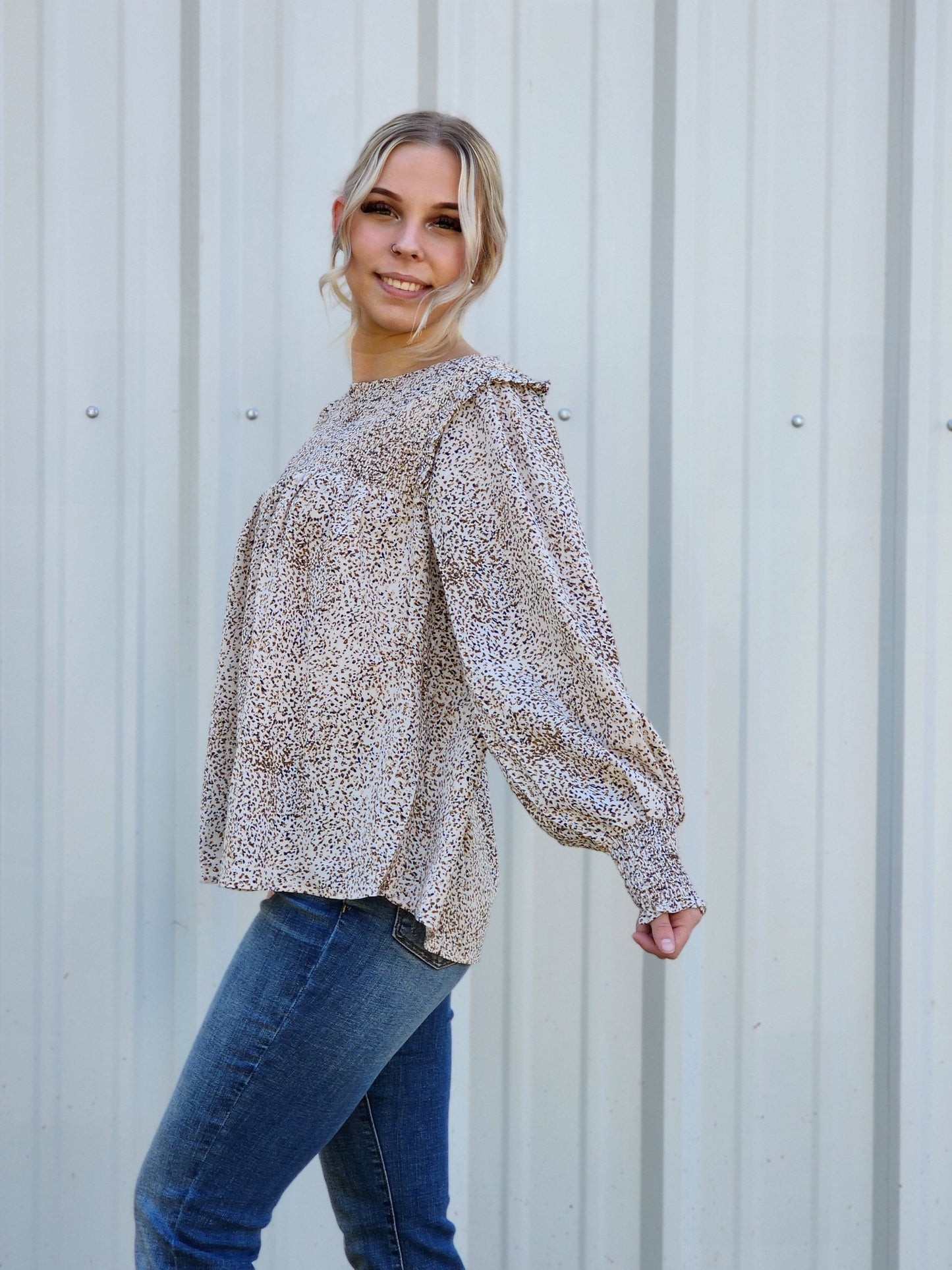 Printed fabric smocked yoke front, back sleeves band shoulder ruffle Ivy and Pearl Boutique