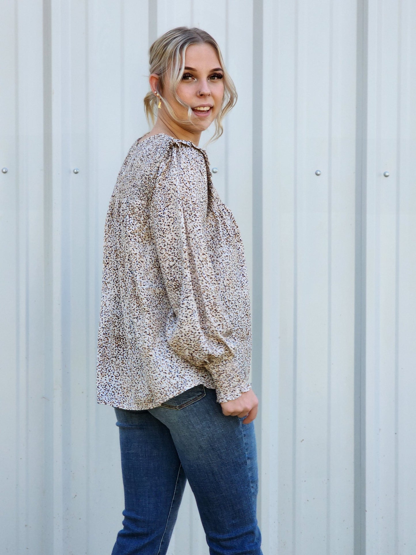 Printed fabric smocked yoke front, back sleeves band shoulder ruffle Ivy and Pearl Boutique