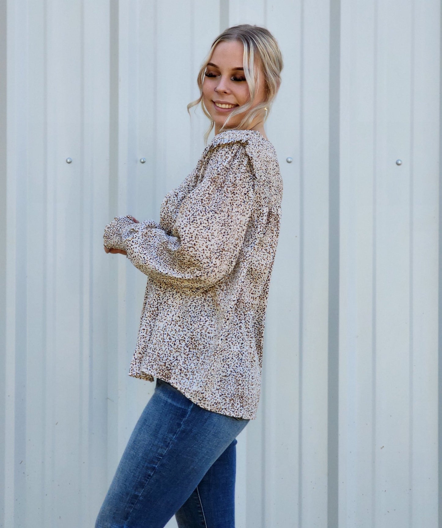 Printed fabric smocked yoke front, back sleeves band shoulder ruffle Ivy and Pearl Boutique