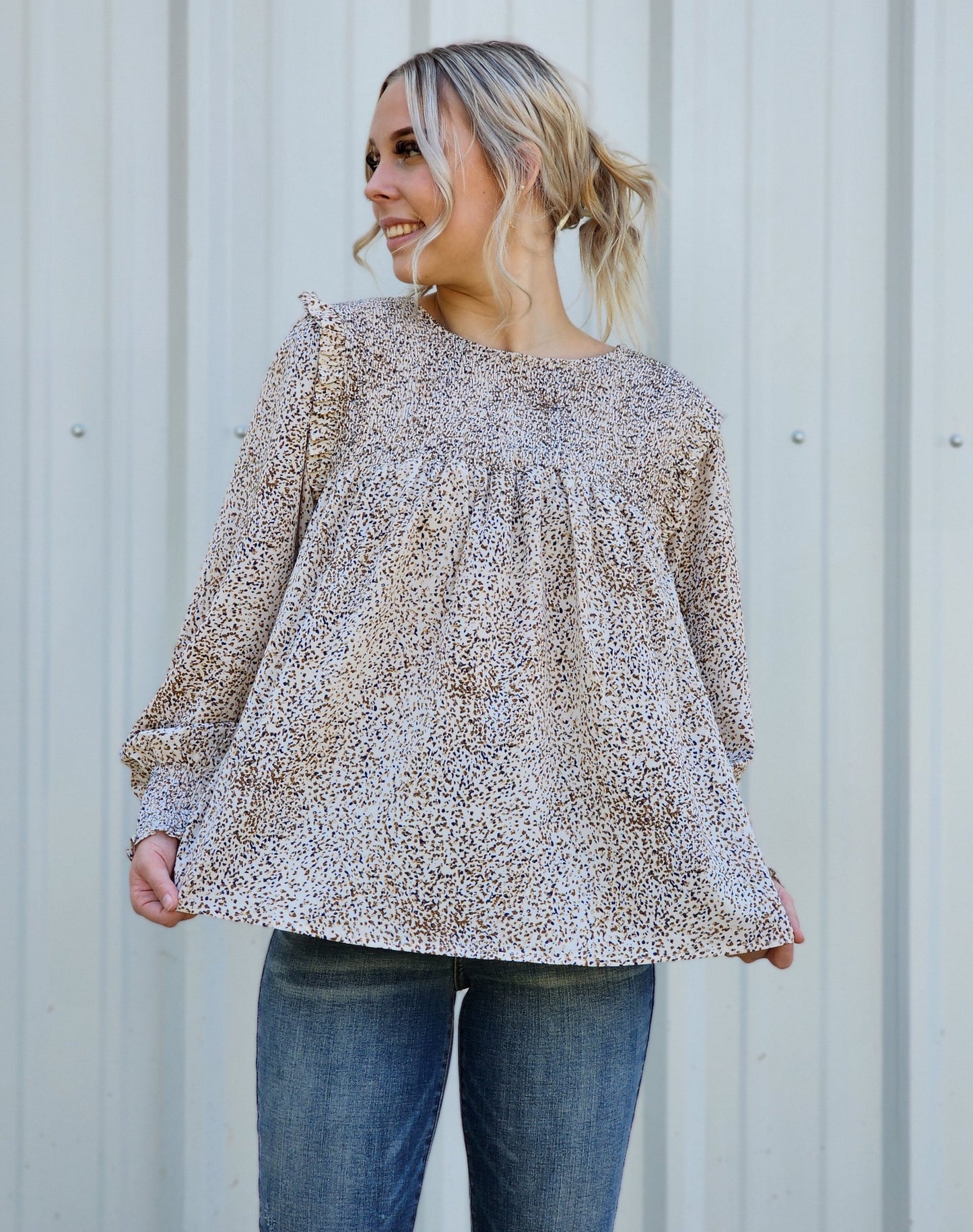 Printed fabric smocked yoke front, back sleeves band shoulder ruffle Ivy and Pearl Boutique