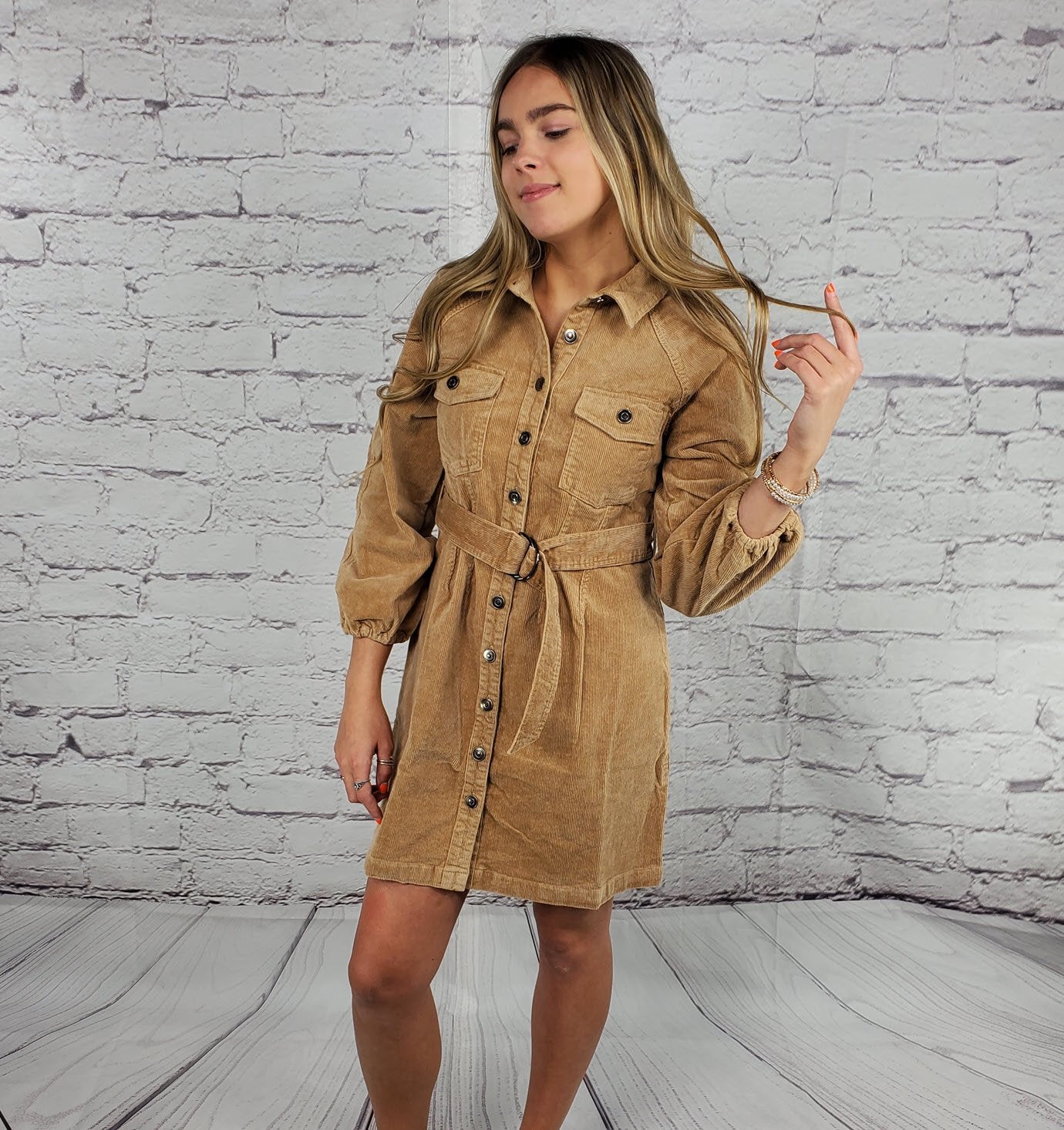 Puffed sleeves front-button flap pockets corduroy mini shirtdress Ivy and Pearl Boutique Camel S