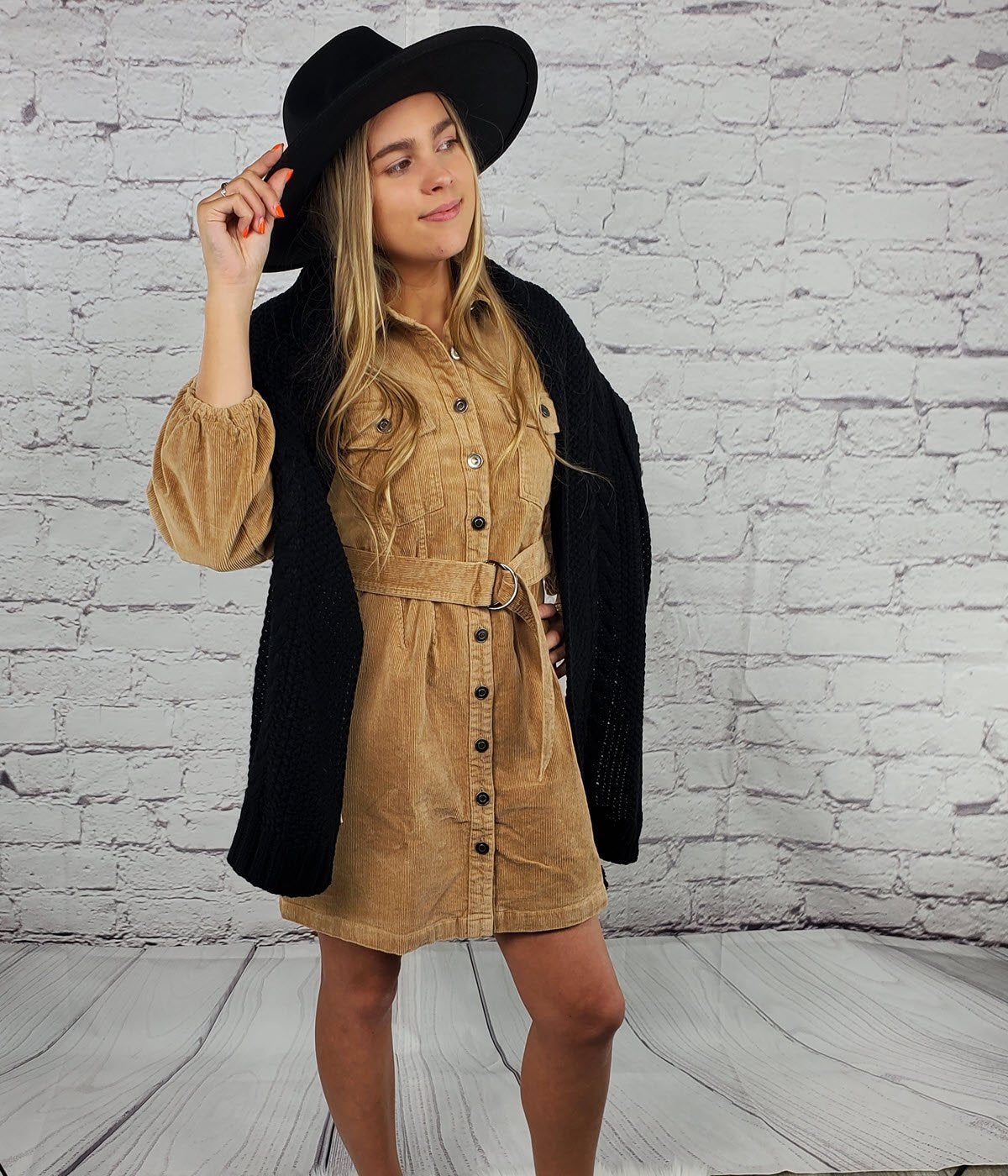 Puffed sleeves front-button flap pockets corduroy mini shirtdress Ivy and Pearl Boutique