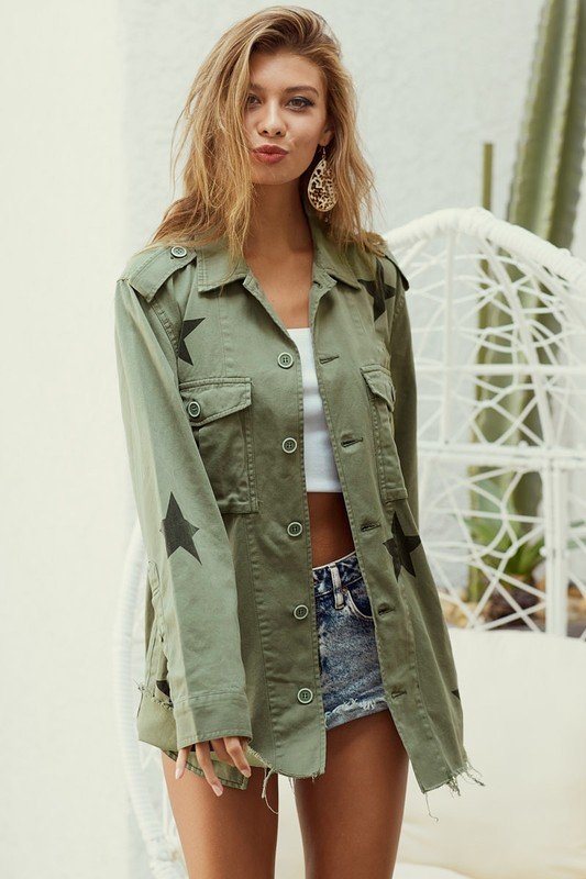 Raw edged hem star print denim jacket Ivy and Pearl Boutique