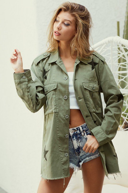 Raw edged hem star print denim jacket Ivy and Pearl Boutique