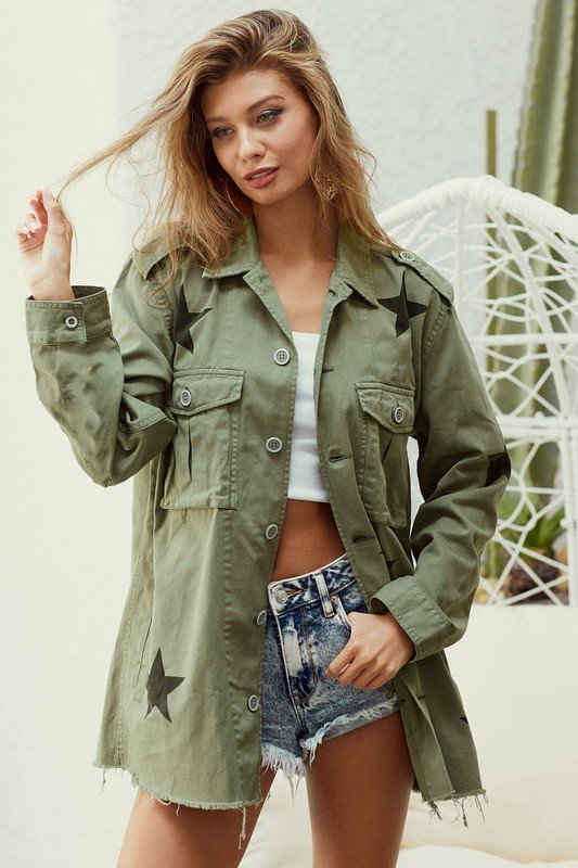 Raw edged hem star print denim jacket Ivy and Pearl Boutique
