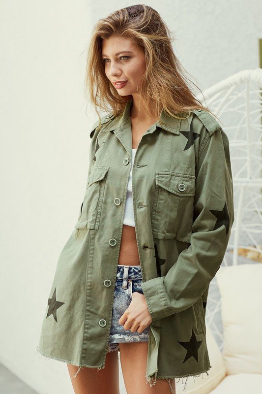 Raw edged hem star print denim jacket Ivy and Pearl Boutique