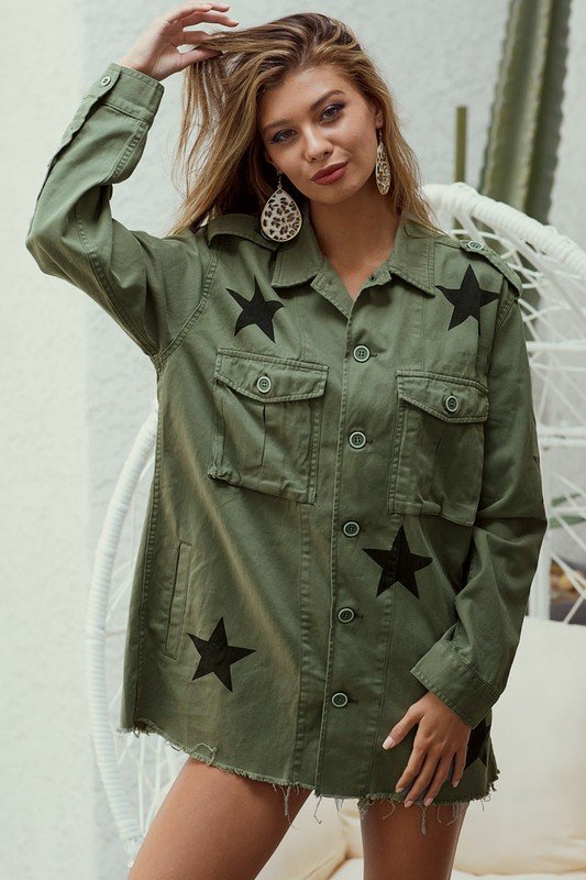 Raw edged hem star print denim jacket Ivy and Pearl Boutique Olive XL
