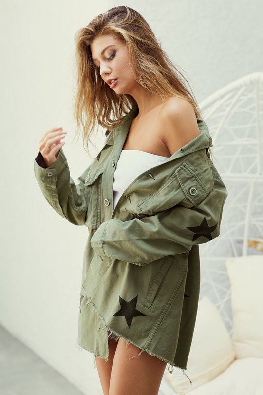 Raw edged hem star print denim jacket Ivy and Pearl Boutique