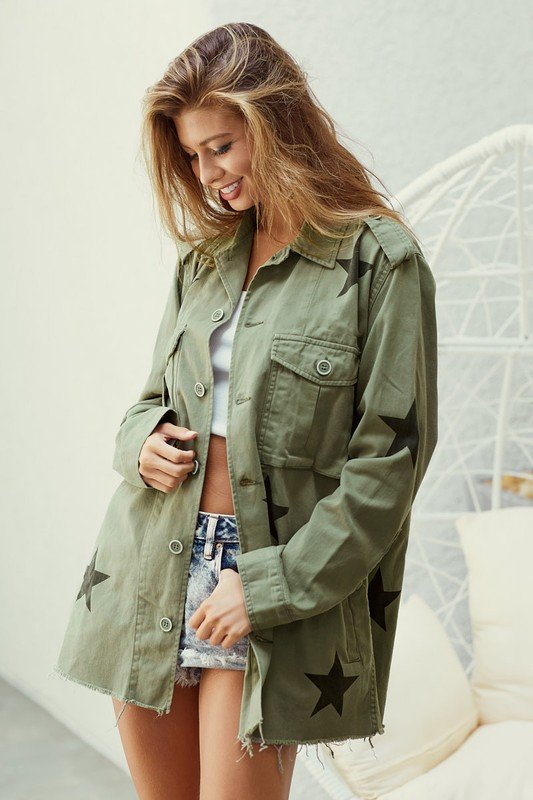 Raw edged hem star print denim jacket Ivy and Pearl Boutique