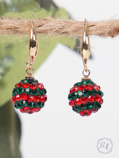 Red and green rhinestone ball drop earrings in gold setting Ivy and Pearl Boutique