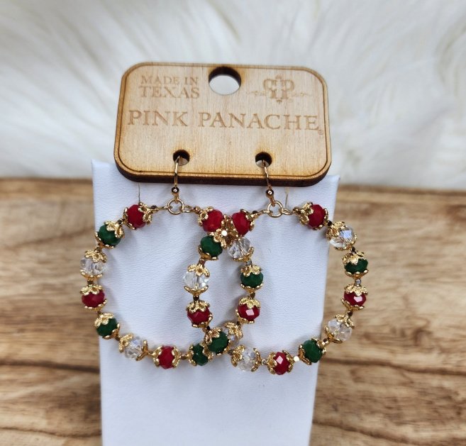 Red, clear and green bead and gold bead cap circle hoop earring Ivy and Pearl Boutique