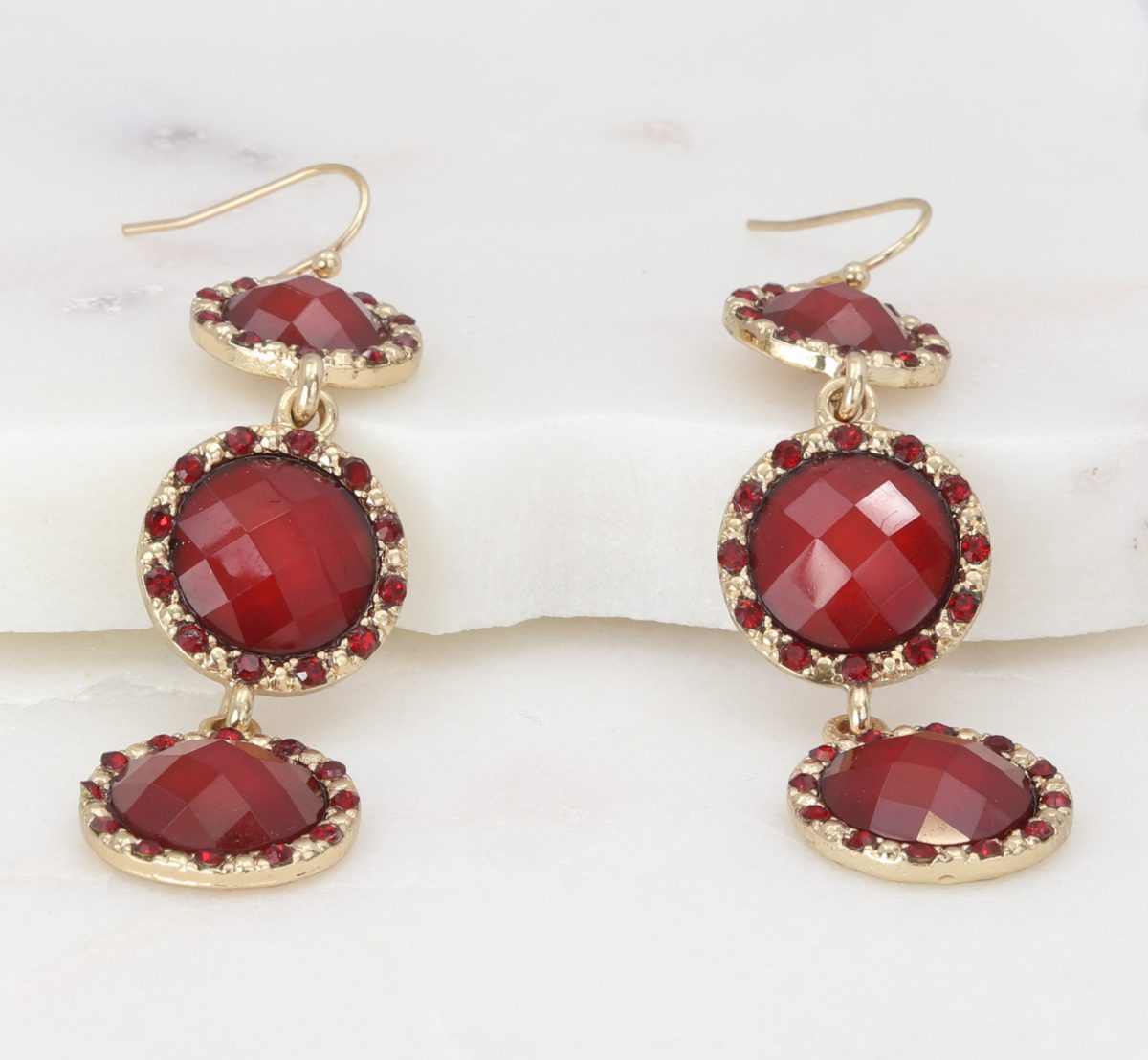 Red faceted tri-disc dangle earrings Ivy and Pearl Boutique