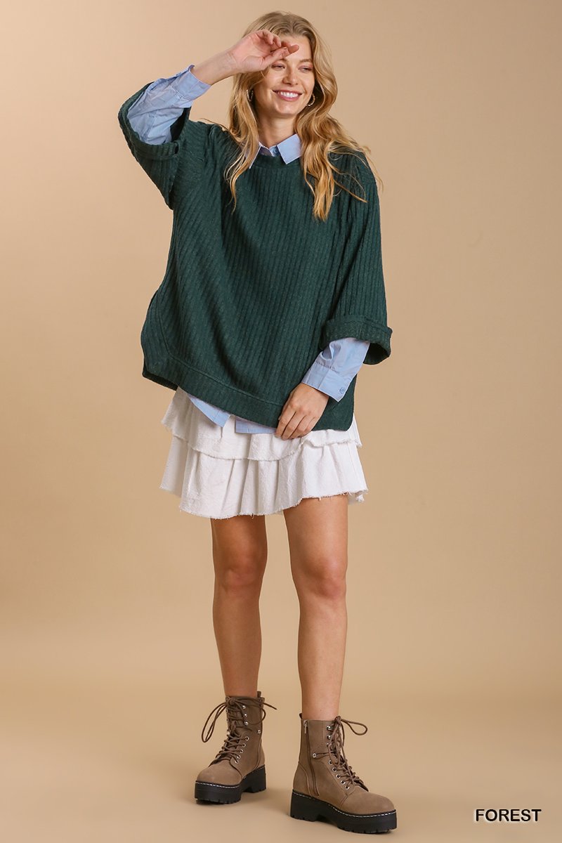 Ribbed knit 3/4 folded sleeve round neck top with side slits and high-low hem Ivy and Pearl Boutique