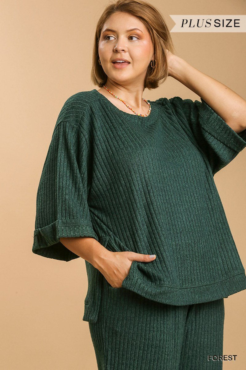 Ribbed knit 3/4 folded sleeve round neck top with side slits and high-low hem Ivy and Pearl Boutique