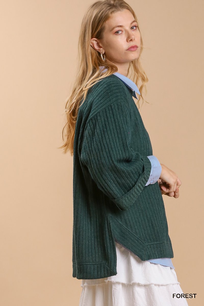 Ribbed knit 3/4 folded sleeve round neck top with side slits and high-low hem Ivy and Pearl Boutique
