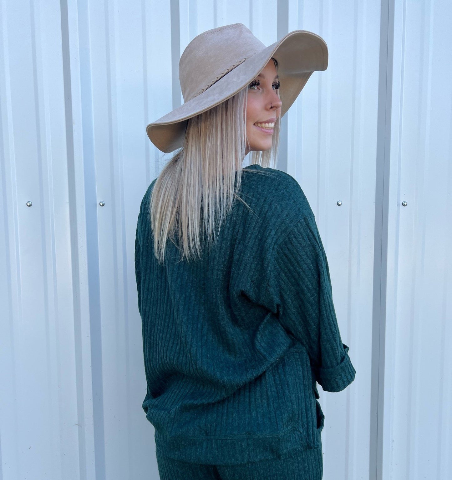 Ribbed knit 3/4 folded sleeve round neck top with side slits and high-low hem Ivy and Pearl Boutique