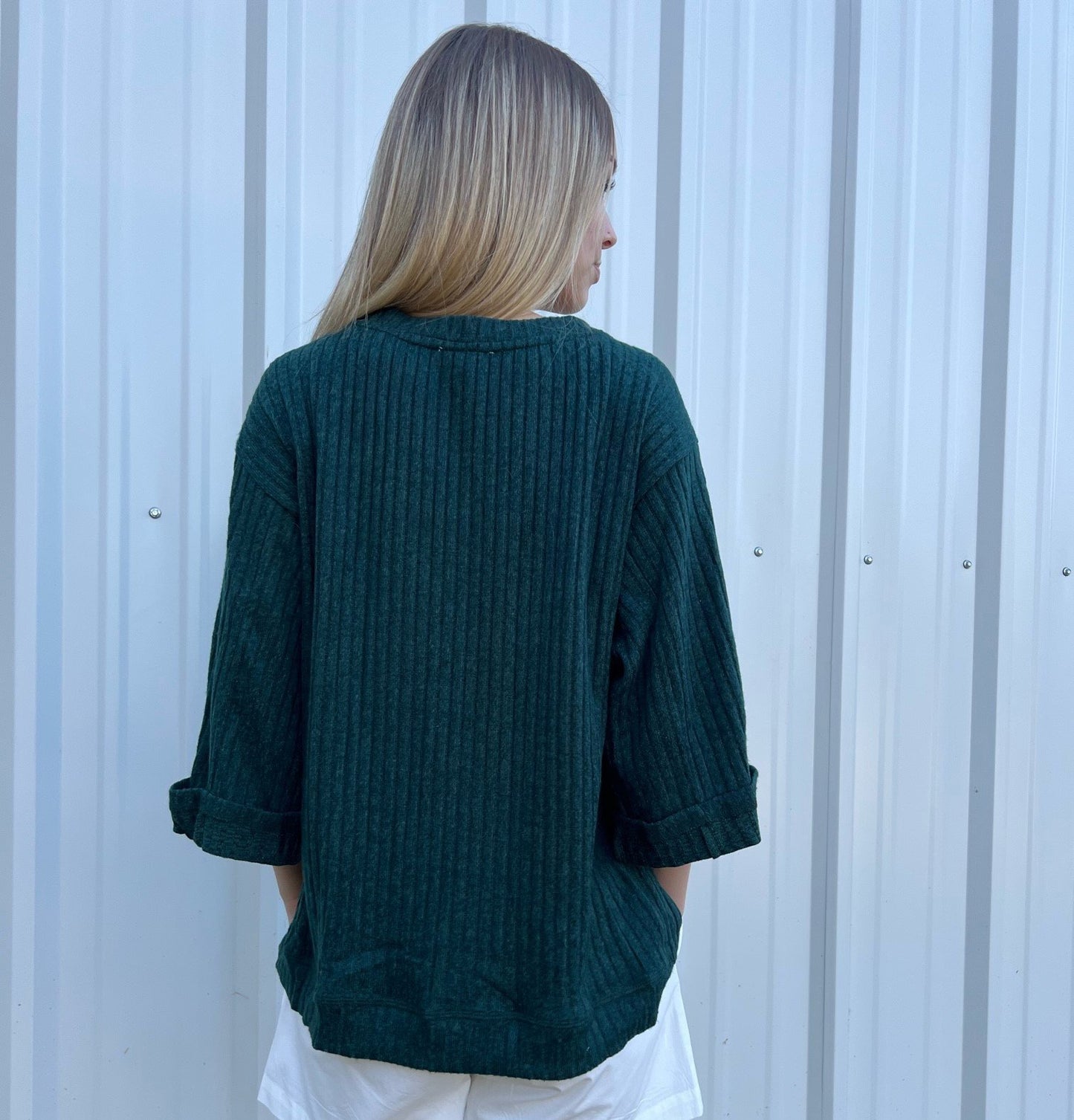 Ribbed knit 3/4 folded sleeve round neck top with side slits and high-low hem Ivy and Pearl Boutique