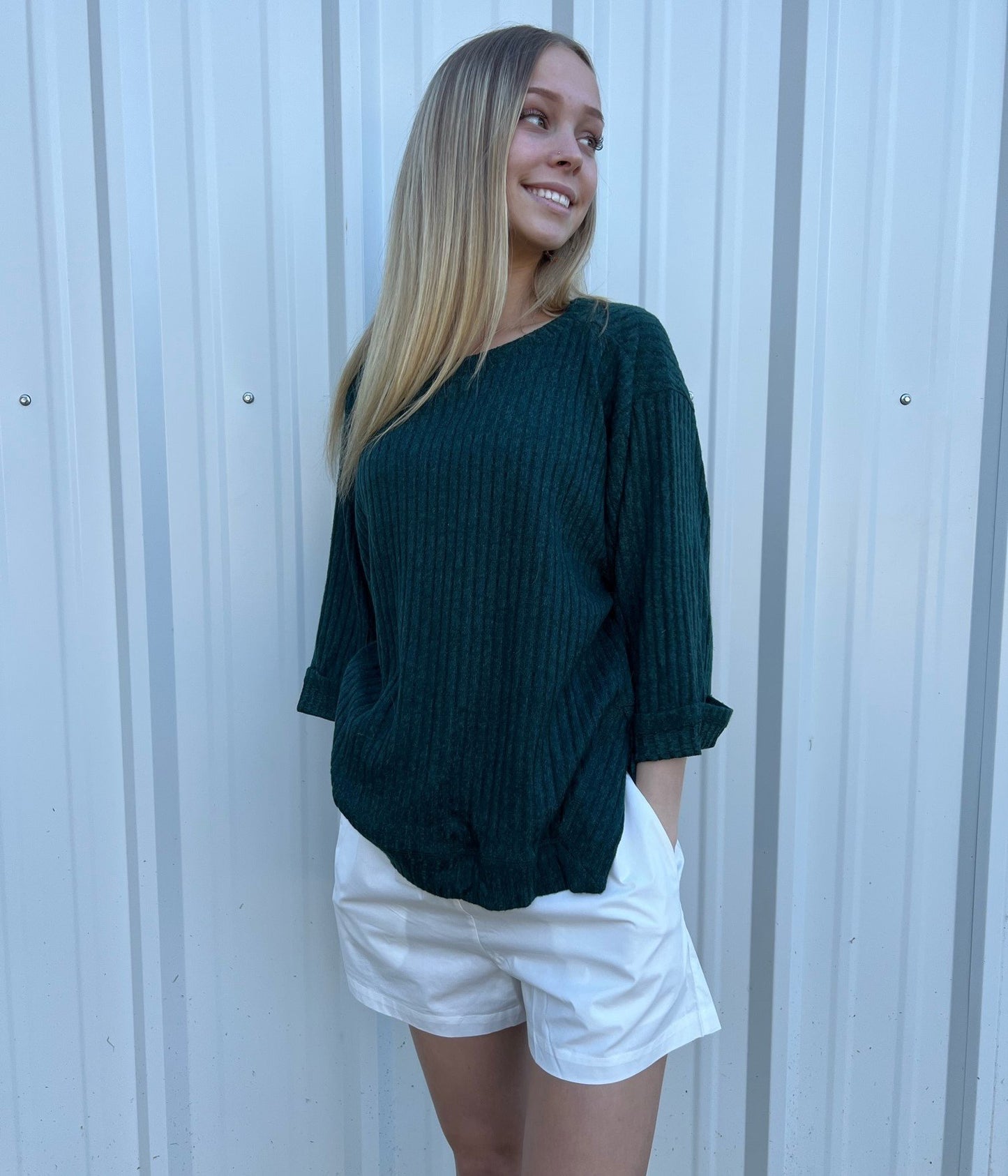 Ribbed knit 3/4 folded sleeve round neck top with side slits and high-low hem Ivy and Pearl Boutique Green S