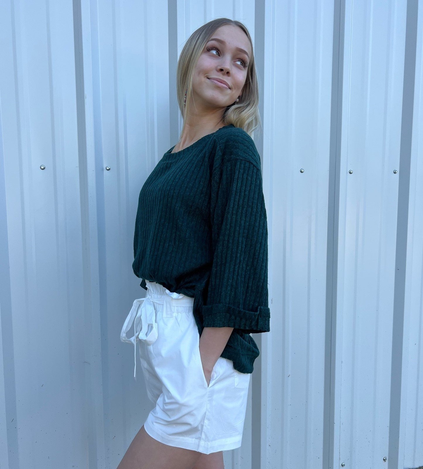 Ribbed knit 3/4 folded sleeve round neck top with side slits and high-low hem Ivy and Pearl Boutique